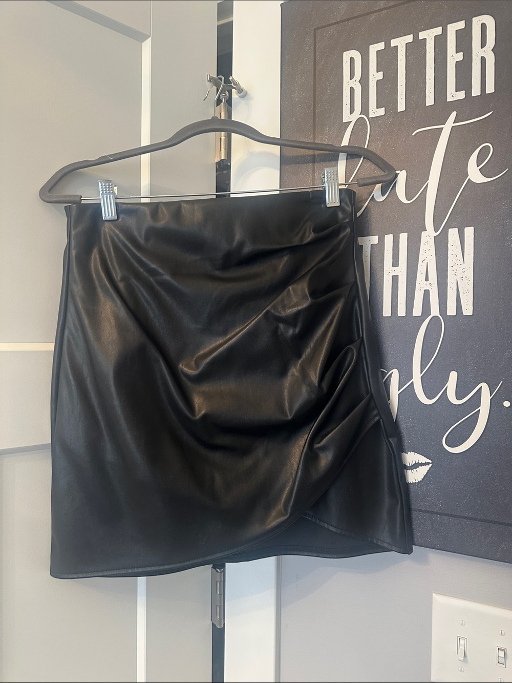 Black Faux Leather Mini Skirt with Ruched Side Detail